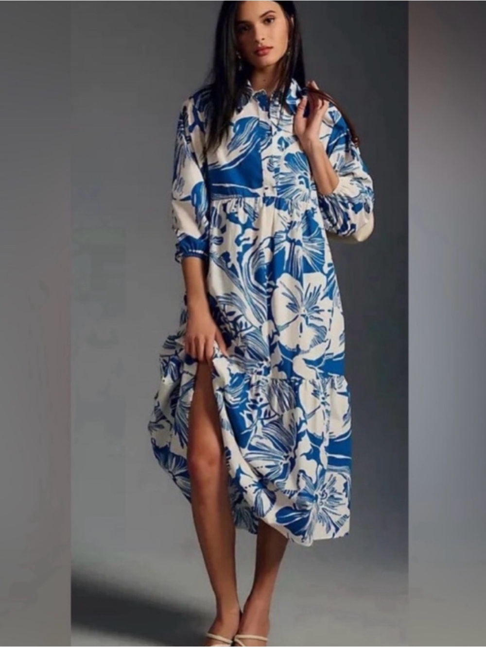 Anthropologie Bettina Tiered Shirt Dress Blue and White Floral Maxi Dress